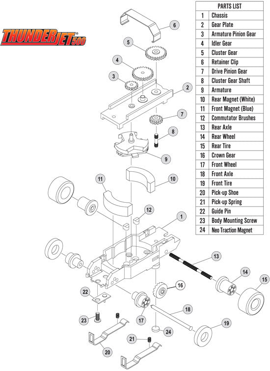 Parts diagram for a motorized toy, showing numbered components for Auto World PSCTJ
