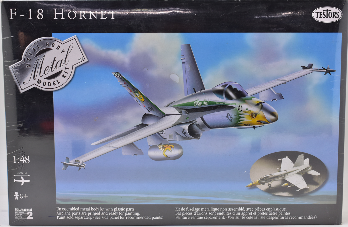 Assembled F-18 Hornet model kit box art showing the aircraft for Testors 5640