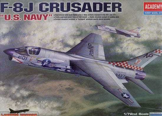 Model kit box art showing F-8J Crusader jet aircraft in flight for Academy 12412
