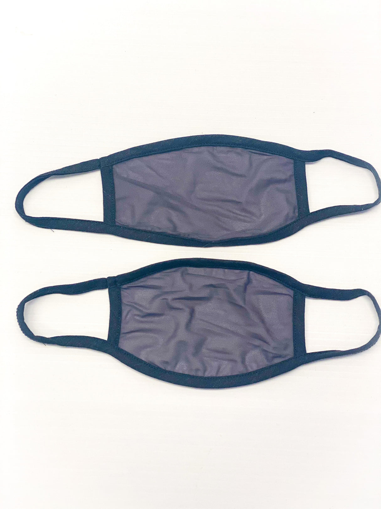 Two black and gray disposable face masks with ear loops for Fake Mask USA