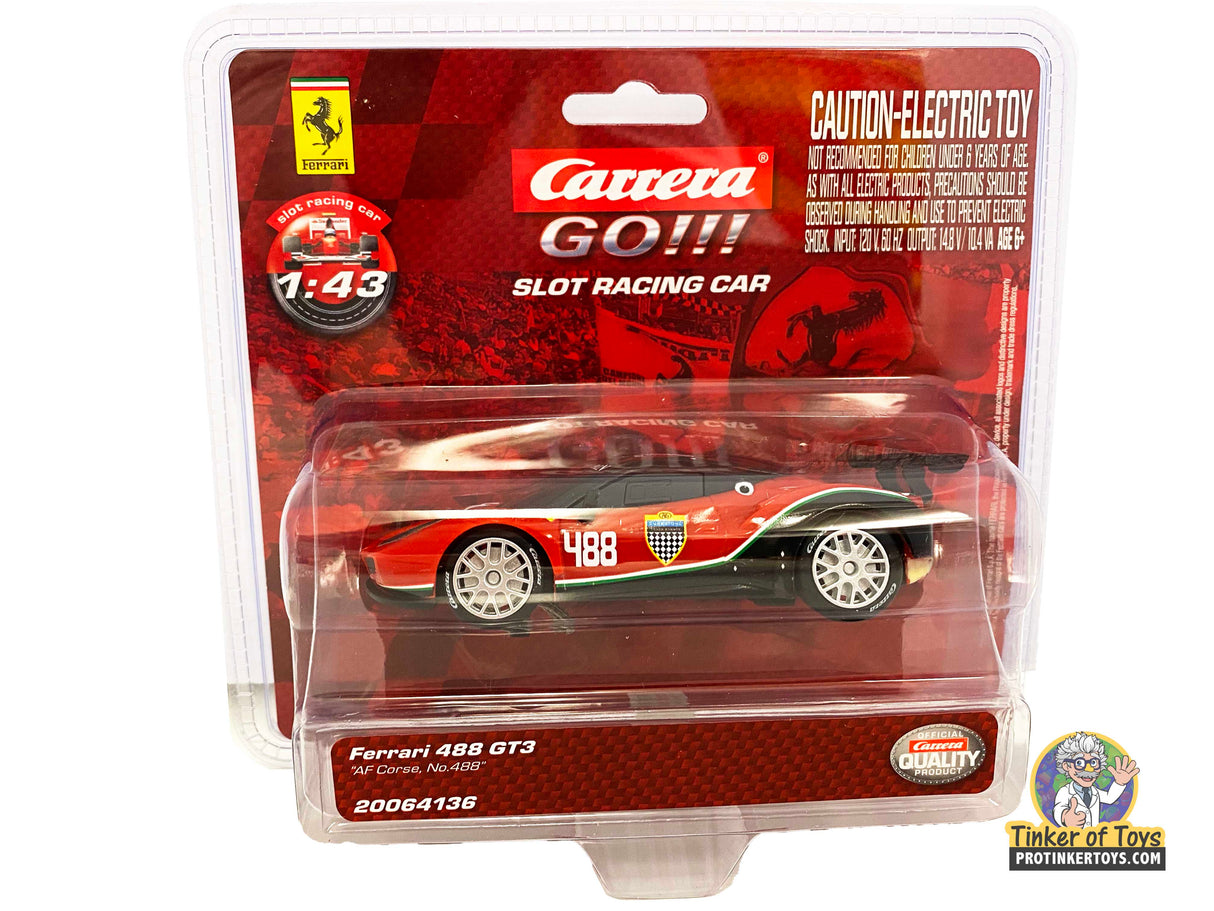 Red Ferrari 488 GT3 slot car in clear blister packaging for Carrera Go 20064136, package view, product view 1