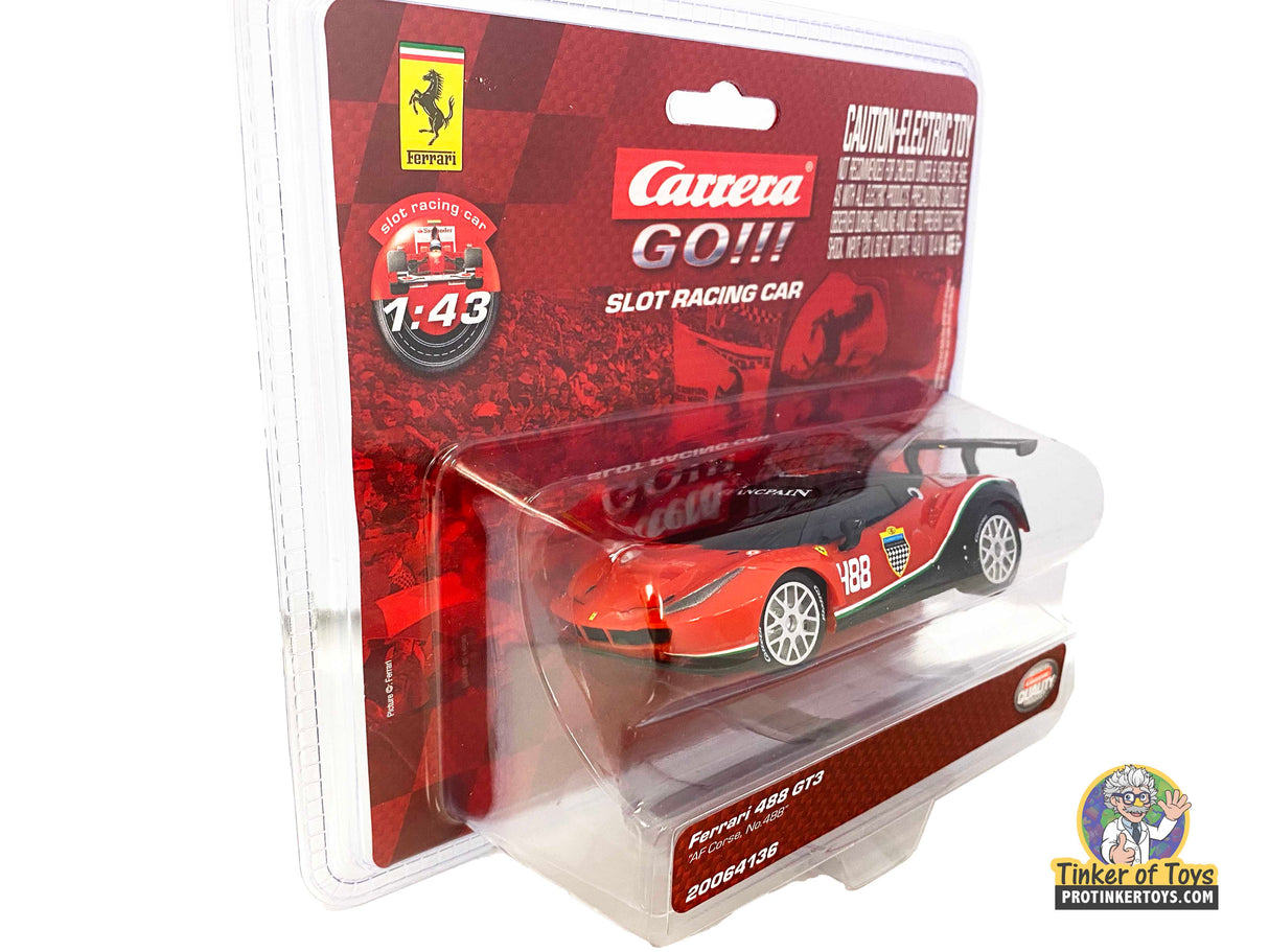 Red Ferrari 488 GT3 slot car in clear blister packaging for Carrera Go 20064136, package view, product view 2