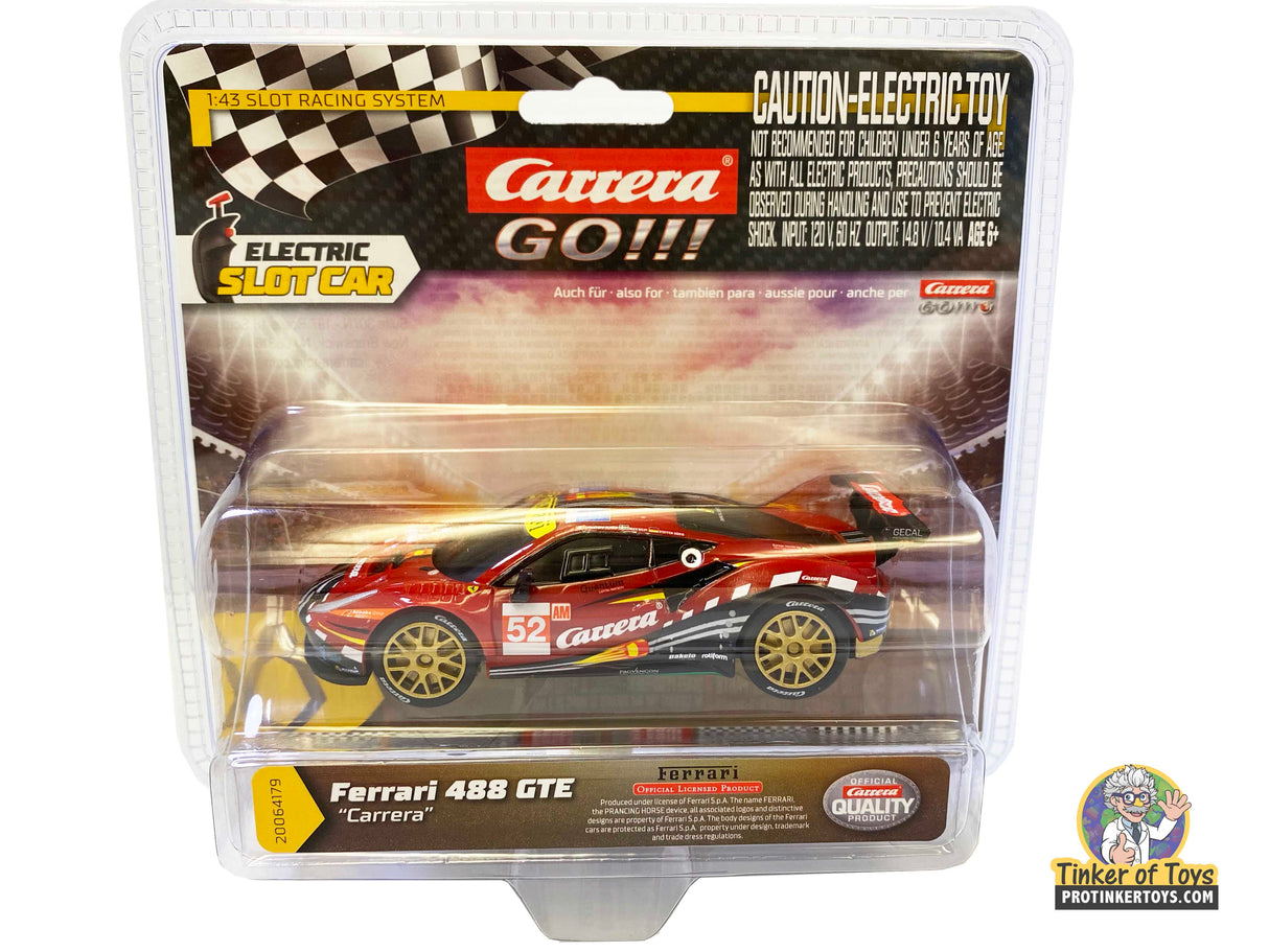 Red Ferrari 488 GTE race car toy in clear plastic packaging for Carrera Go 20064179