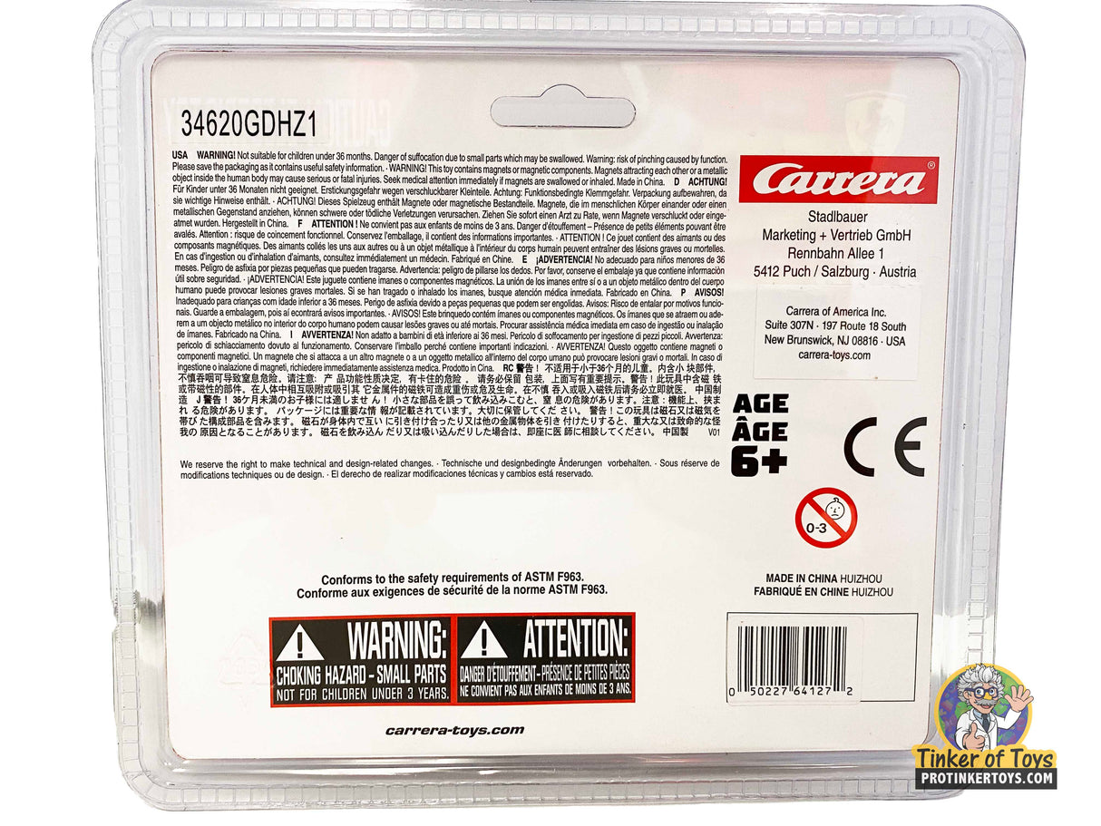 Carrera Go race car packaging with safety warnings and product details for 20064127