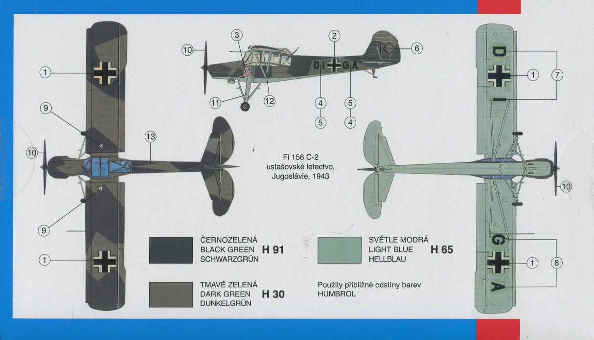 Aircraft decal sheet showing various color options for a scale model of the Fi 156 Storch for SMER 0833