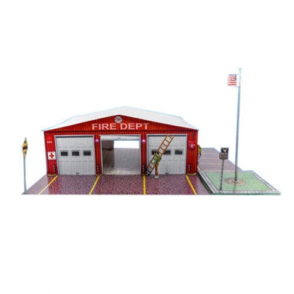 Model kit of a fire department station with bay doors and ladder for Innovative Hobby Supply BK6414