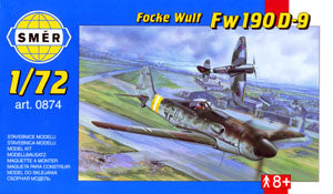 Scale model kit box art: Focke Wulf Fw190D-9 aircraft on a grassy airfield for SMER