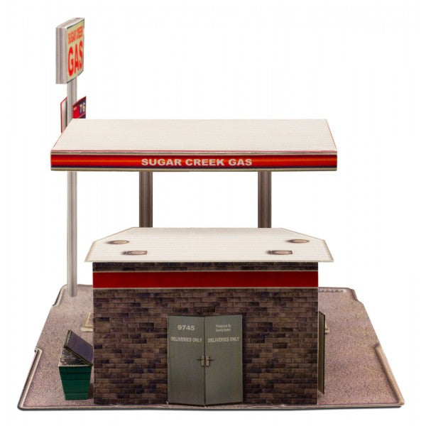 Model kit of a gas station with canopy and pumps for Innovative Hobby Supply BK3208, rear view