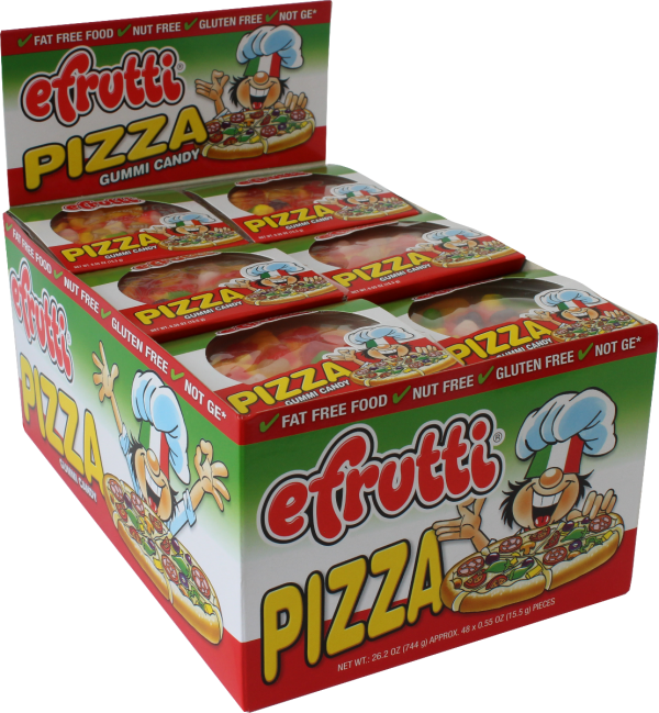 Box of gummy pizza candy with cartoon characters for Nassau Candy 00506