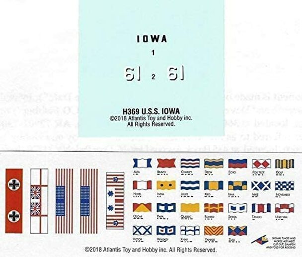 Model kit instructions showing flags and markings for the USS Iowa battleship for Atlantis Model Co ALM369