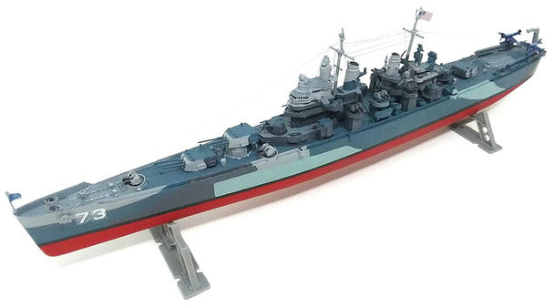 Model kit of USS Pittsburgh heavy cruiser, displayed on a stand for Atlantis Model Co ALM457
