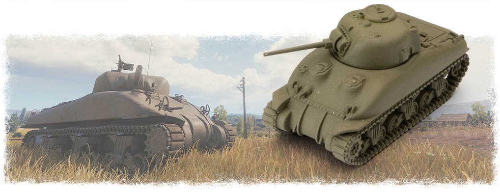 Two tanks, Sherman and another model, sit in a grassy, outdoor setting for World of Tanks GF9-WOT07