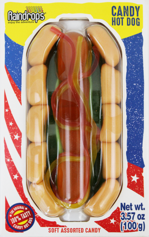 Assortment of soft, candy hot dogs in a clear plastic package for Nassau Candy 11900