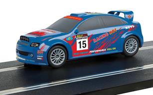 Blue rally car model with number 15 on a track for Scalextric C4115
