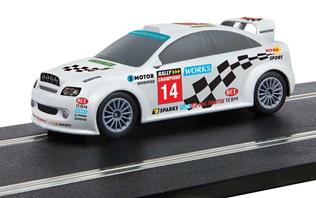White rally car model on a track, featuring sponsor decals and number 14 for Scalextric C4116