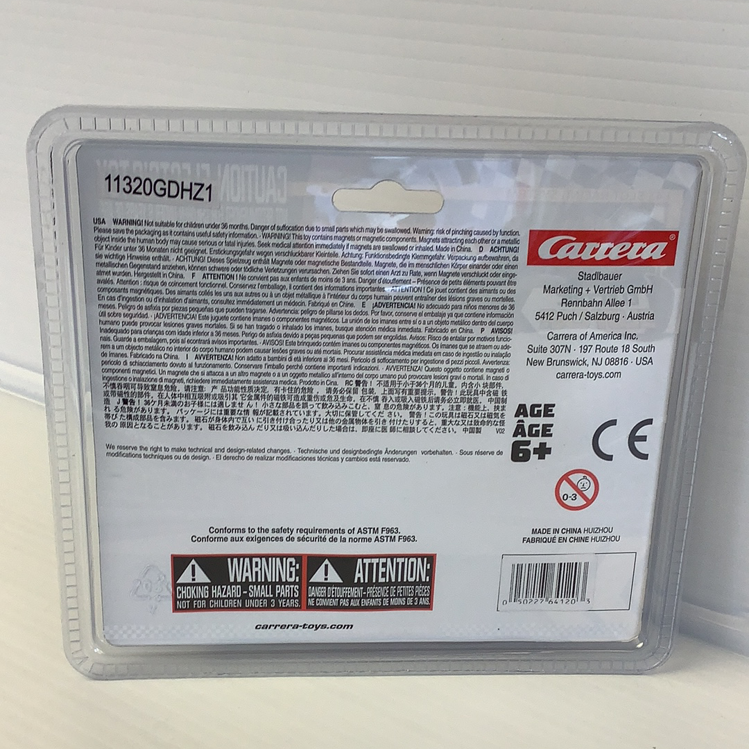 Toy car packaging showing safety warnings and age grading for Carrera Go 20064120