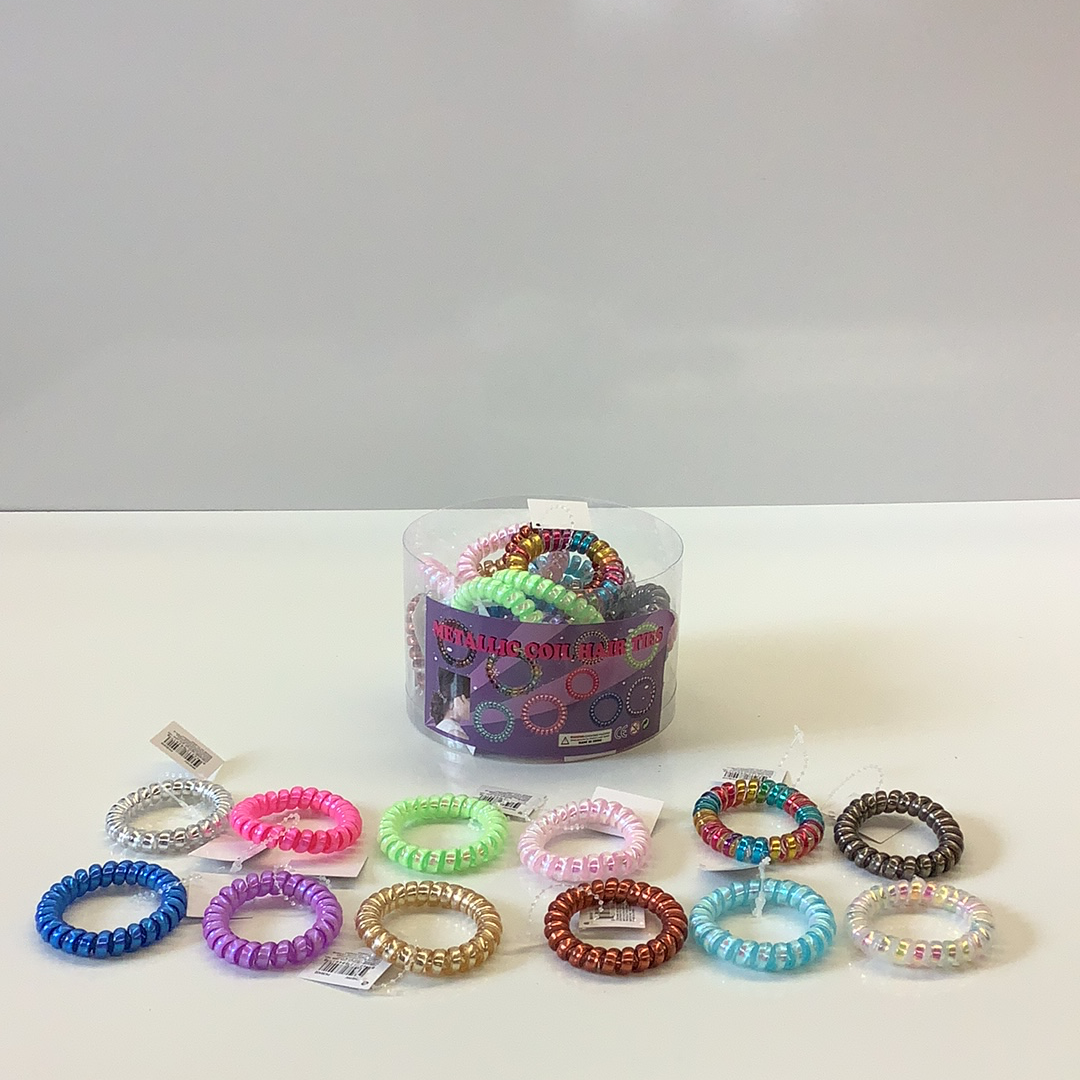 Assortment of metallic and rainbow colored coil hair ties for IMEX-Toys 88491NV, front view
