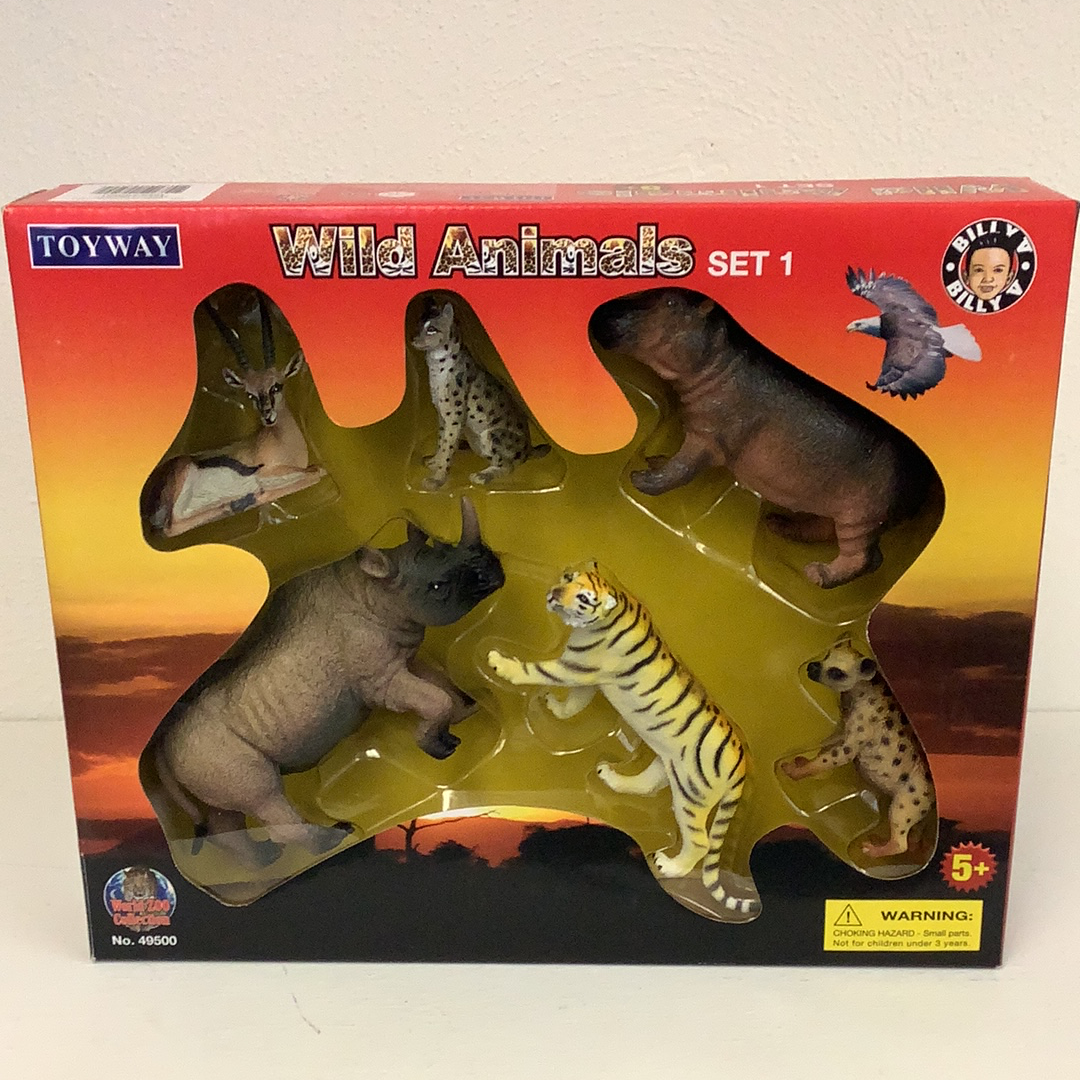Toy set featuring plastic wild animal figures: lion, tiger, rhino, and more for IMEX IMX49500