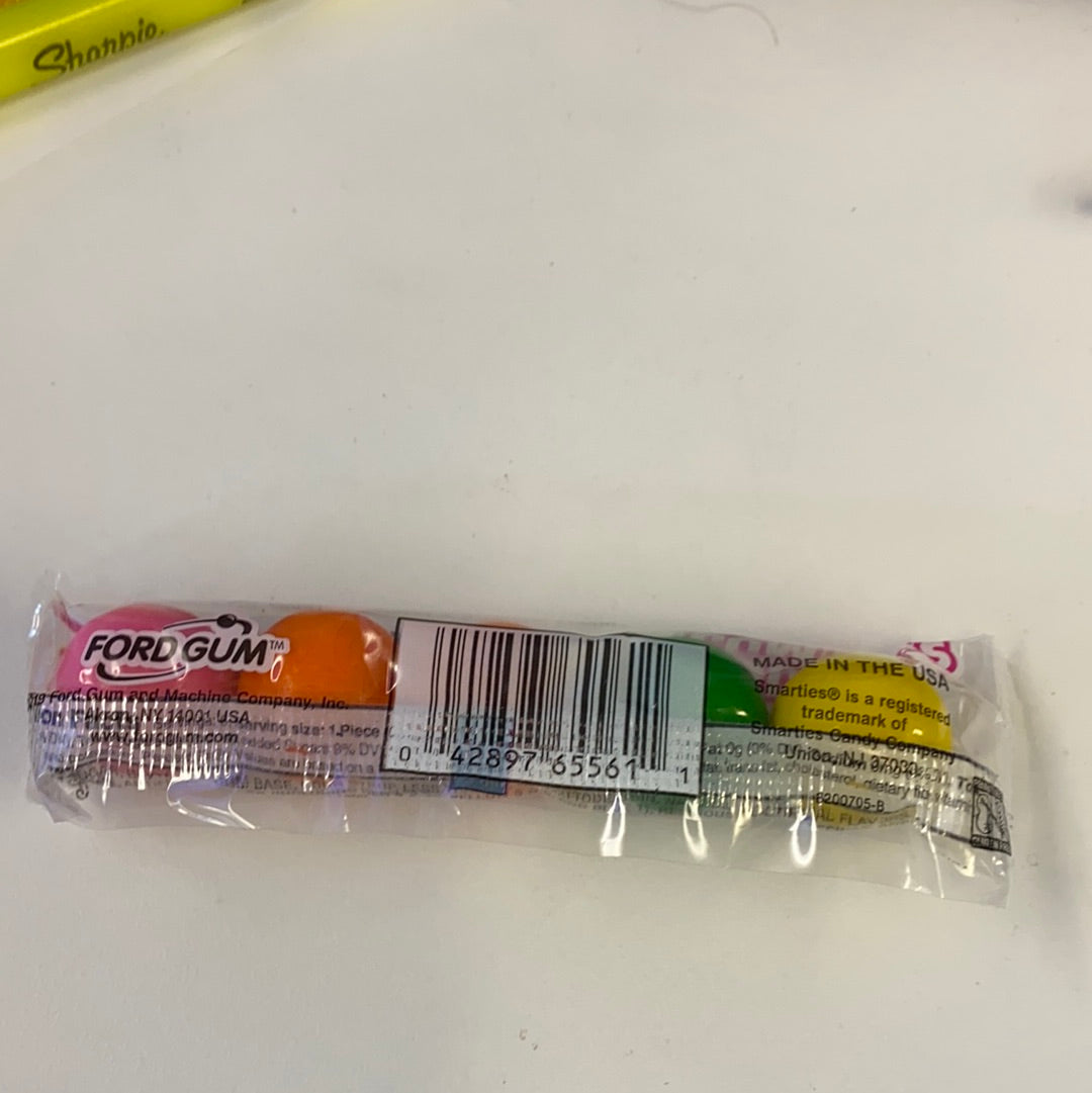 Tube of Smarties gumballs, containing five pieces, with visible UPC code for Nassau Candy 42523