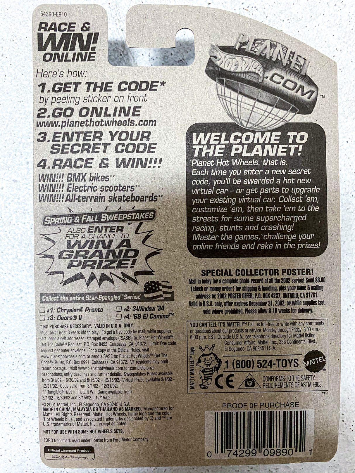 Hot Wheels collectible card featuring '34, '080, and '09890' numbers