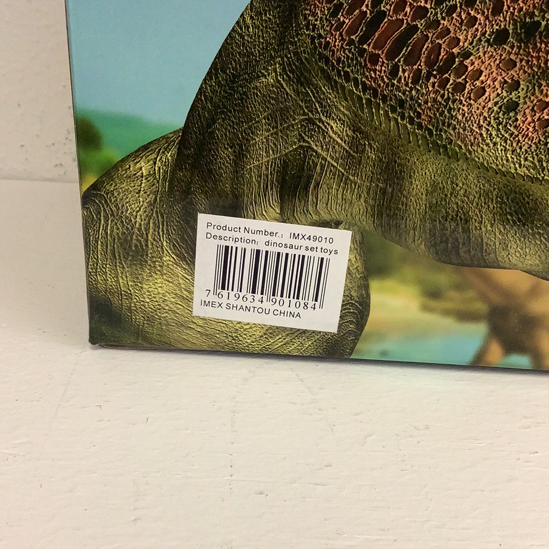 Dinosaur toy set box art showing a green, textured dinosaur for IMEX Model Company IMX49010