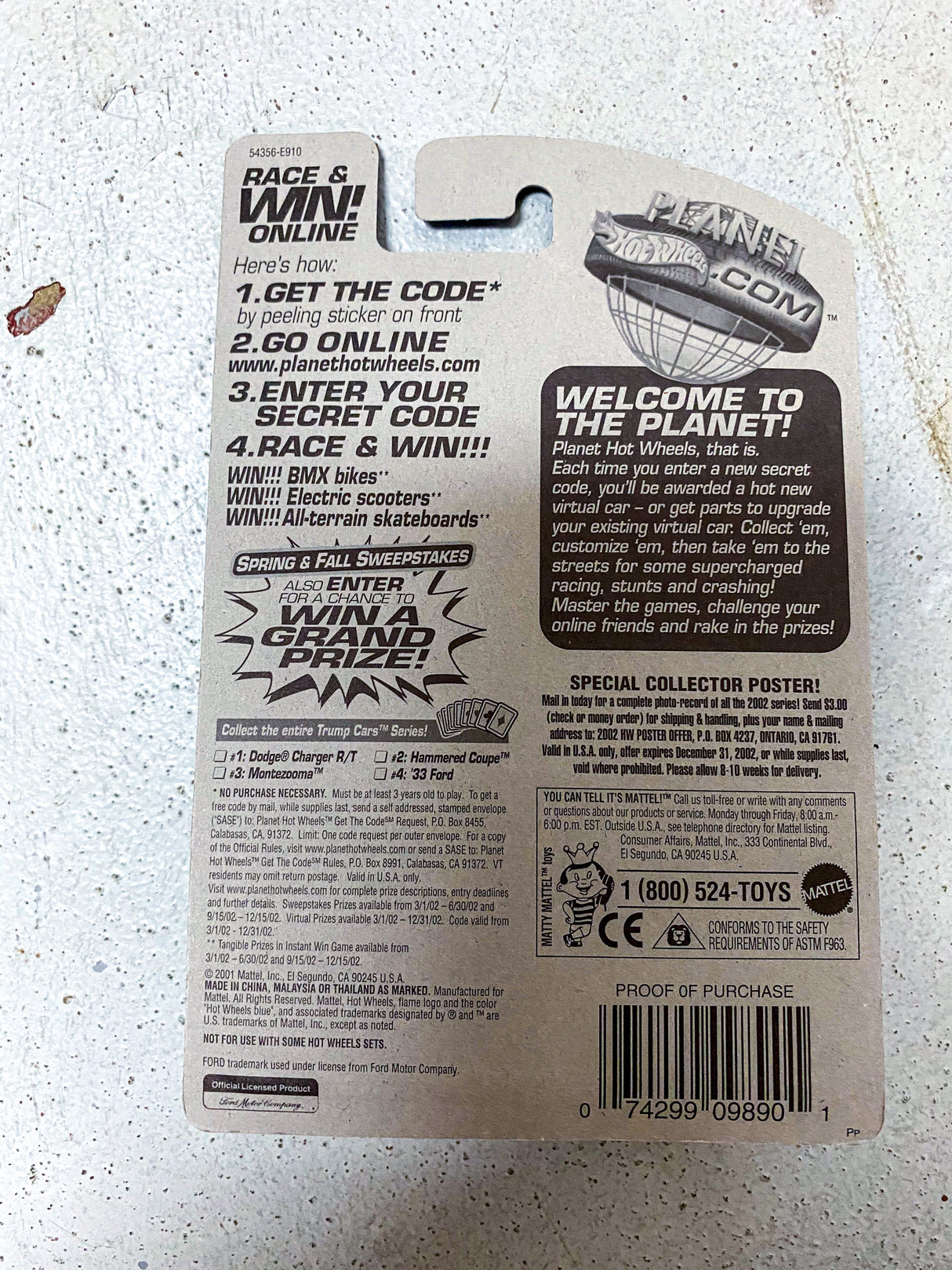 Hot Wheels promotional card with contest details and barcode for 074