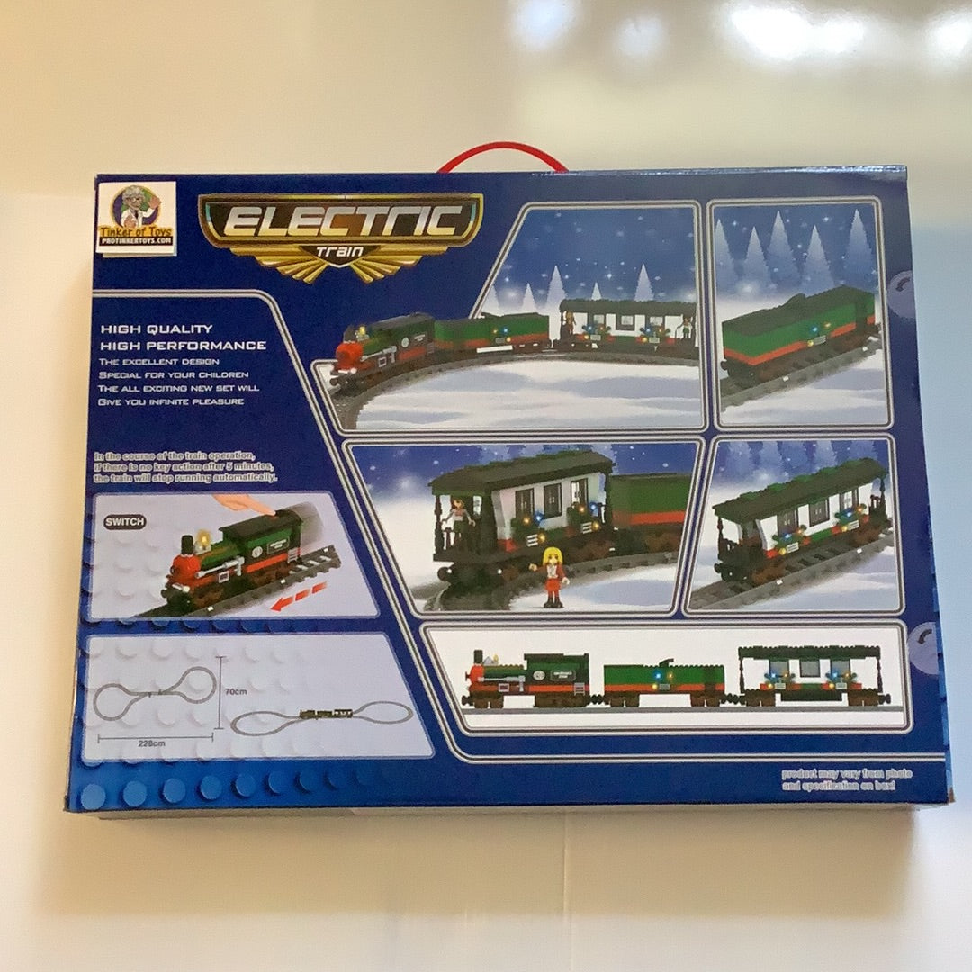 Toy train set box showing various train models and track pieces for Electric Train AUS25910