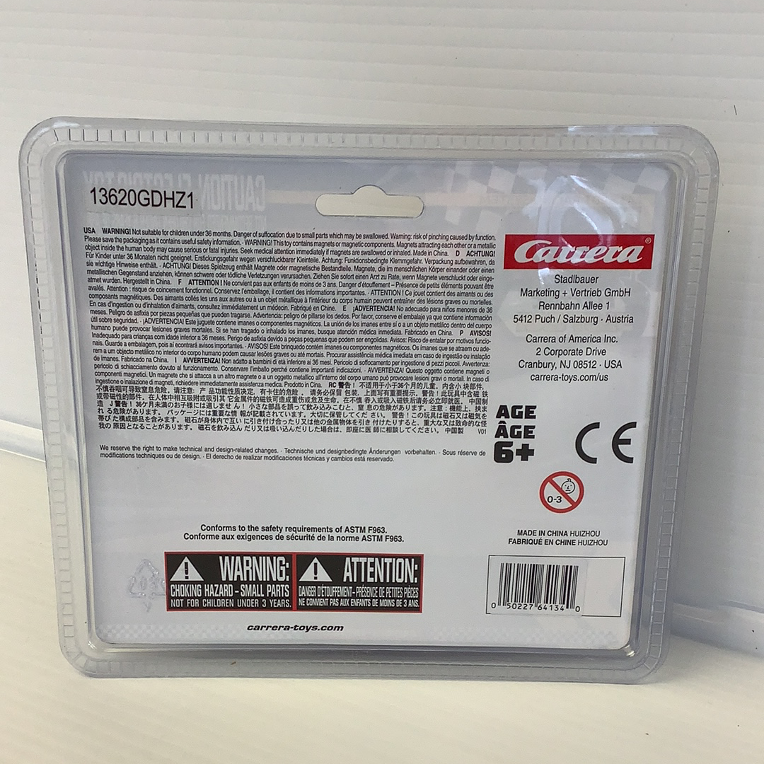 Toy car packaging showing safety warnings and product details for Carrera Go 20064134