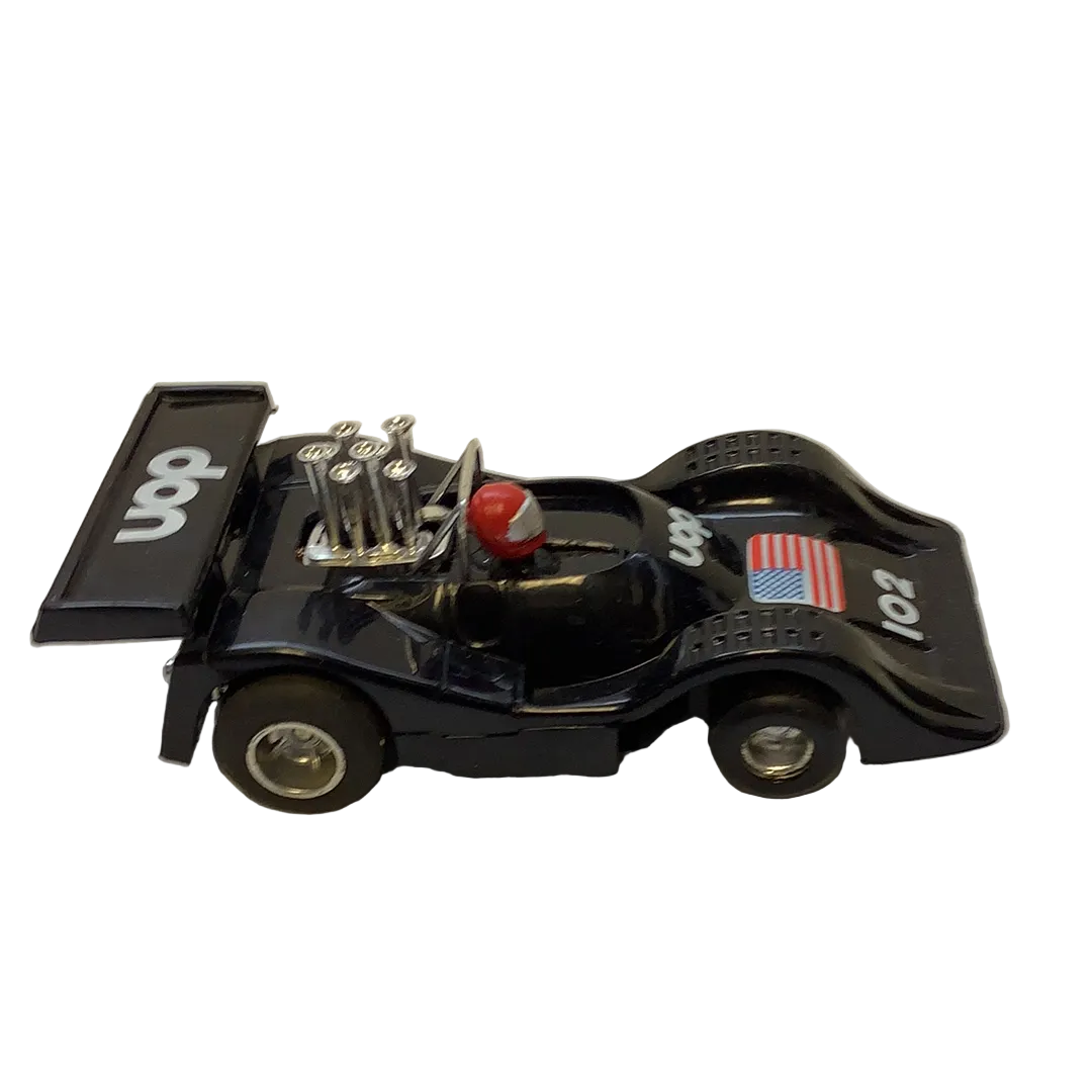 Black slot car replica with UOP logo and American flag decal for REH Polistil A.108
