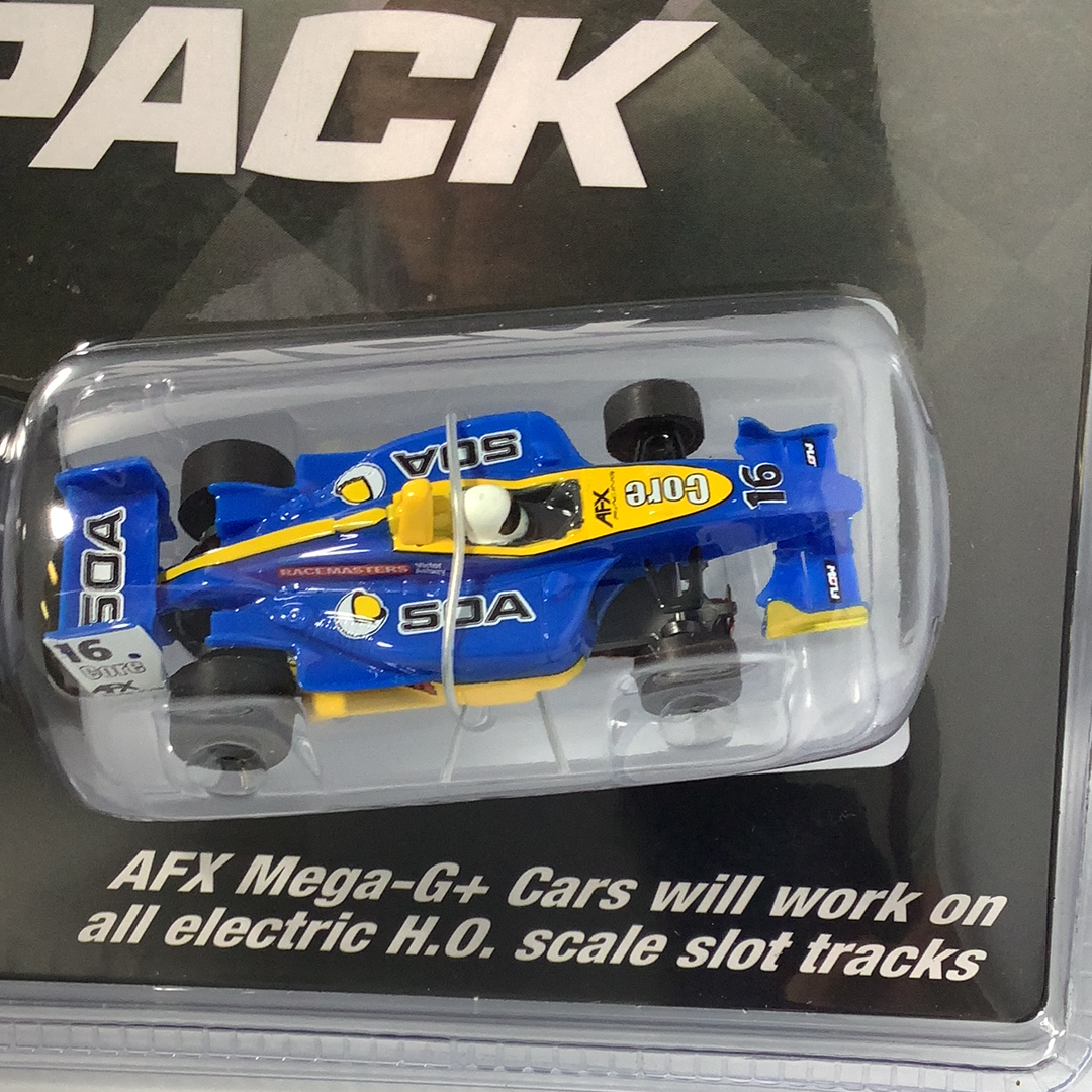Blue and yellow remote-controlled race car in clear plastic packaging for AFX/Racemasters 22017