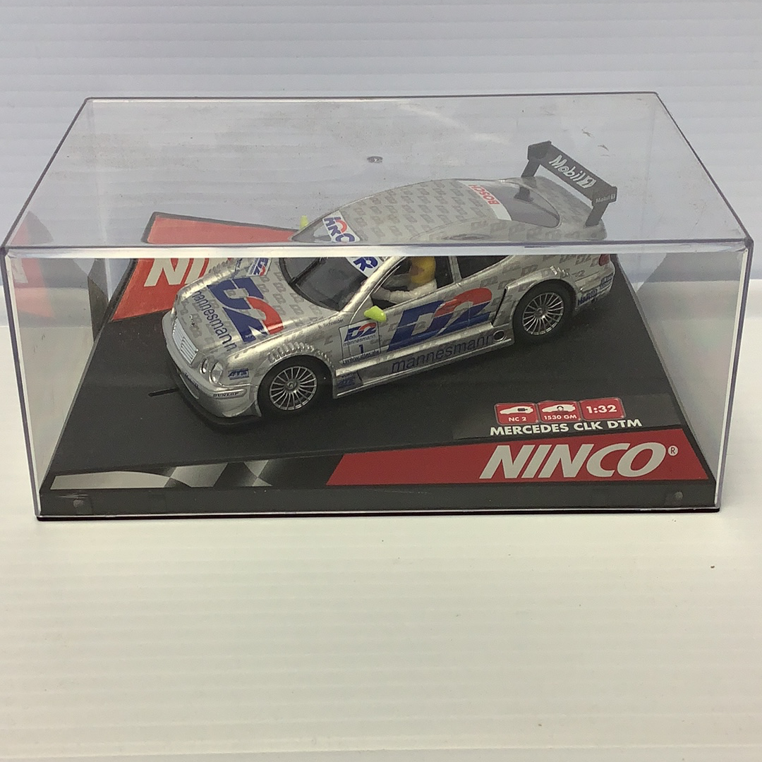 Slot car of a Mercedes CLK DTM race car in its box for Ninco 50229, package view, product view 1