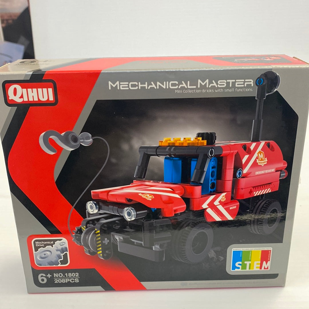 Red and blue toy rescue truck building set with wheels and ladder for Qihui QIH01802