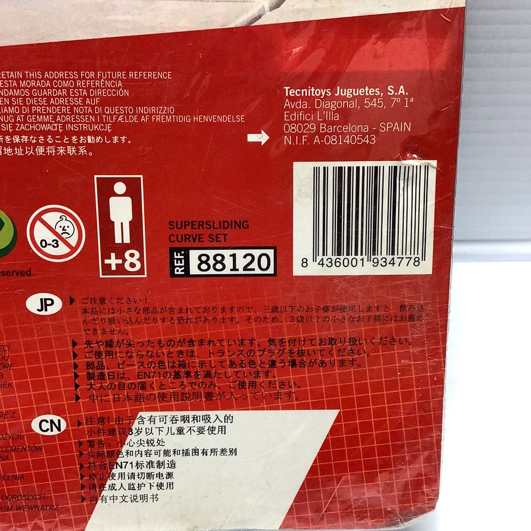 Super Sliding Curve Set toy packaging showing product details and warnings for SCX 88120