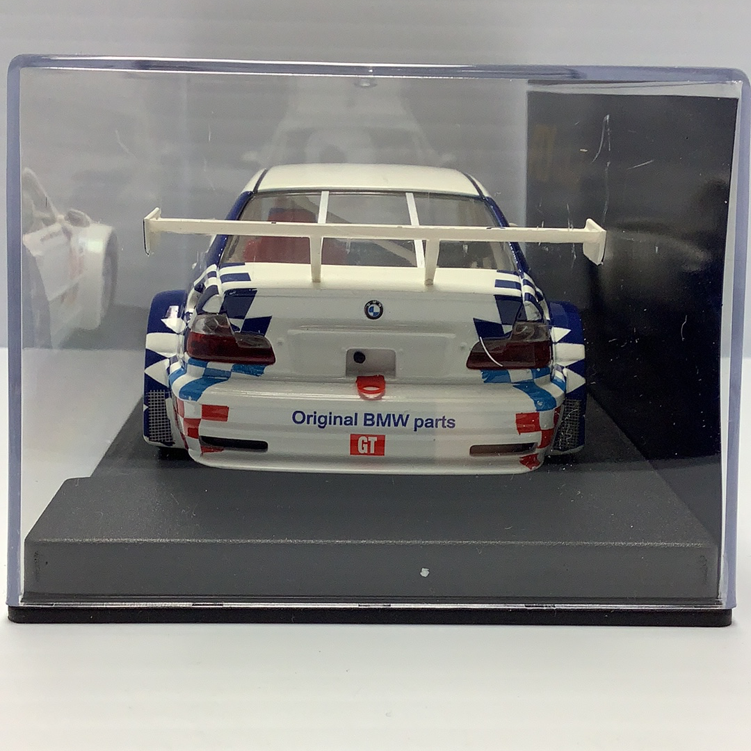 White BMW race car model with "Original BMW parts" on the rear for Fly Car 88001