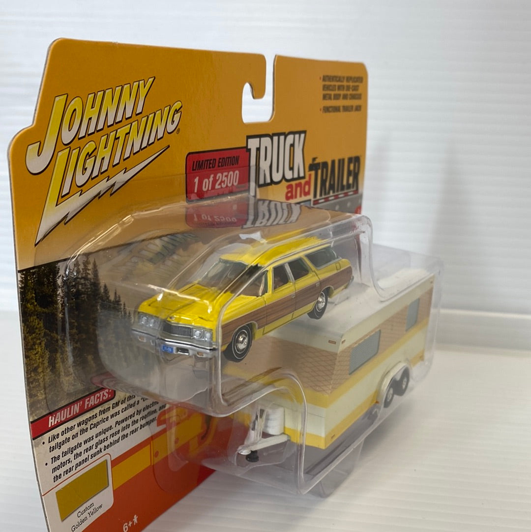 Yellow 1973 Chevy Caprice toy truck with camper trailer on cardboard backing for Johnny Lightning JBLBT013