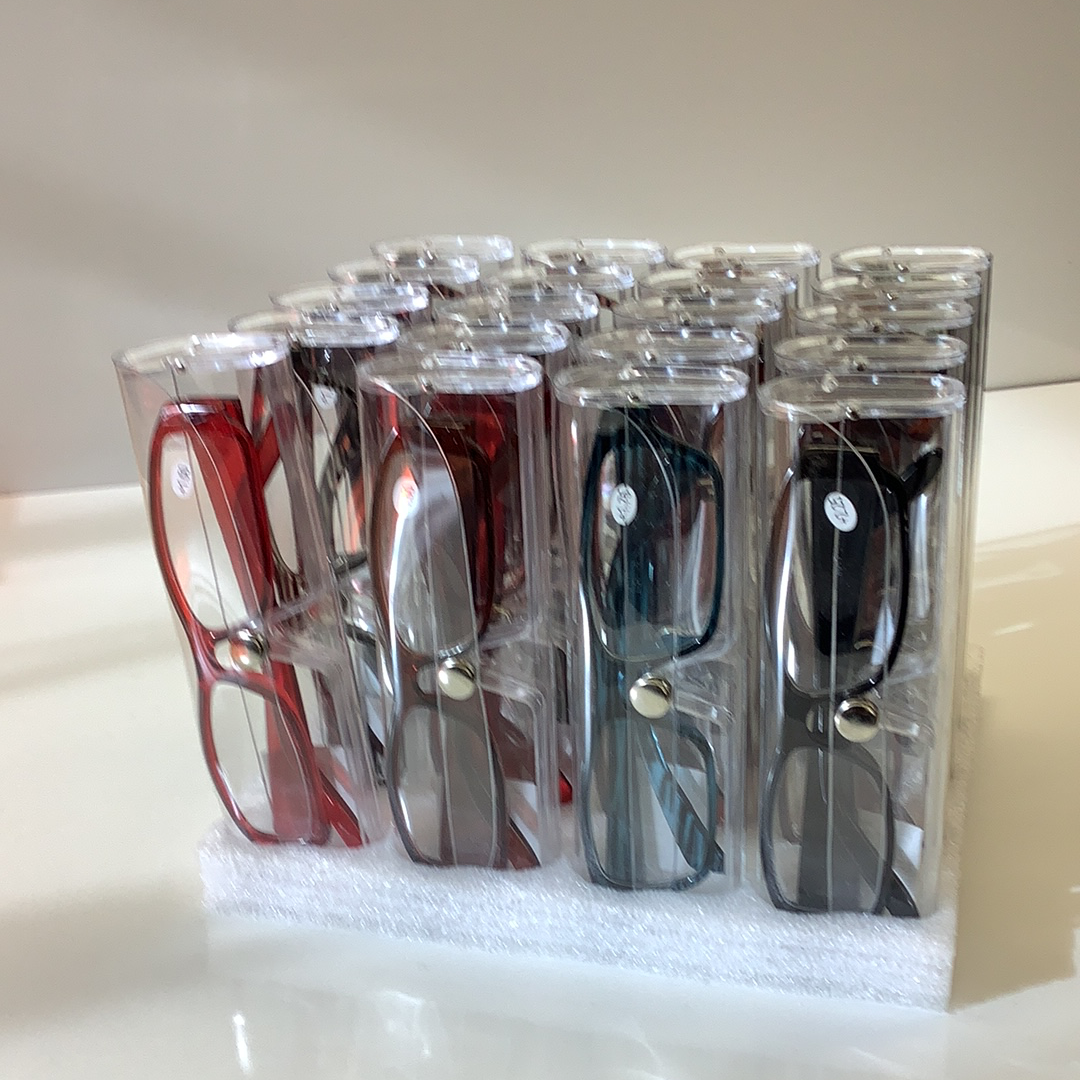 Assortment of reading glasses in various frames, displayed upright for Schylling 83680, front view