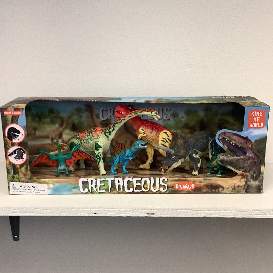 Dinosaur set box art showing various prehistoric reptiles in a jungle scene for IMEX Model Company IMX49011