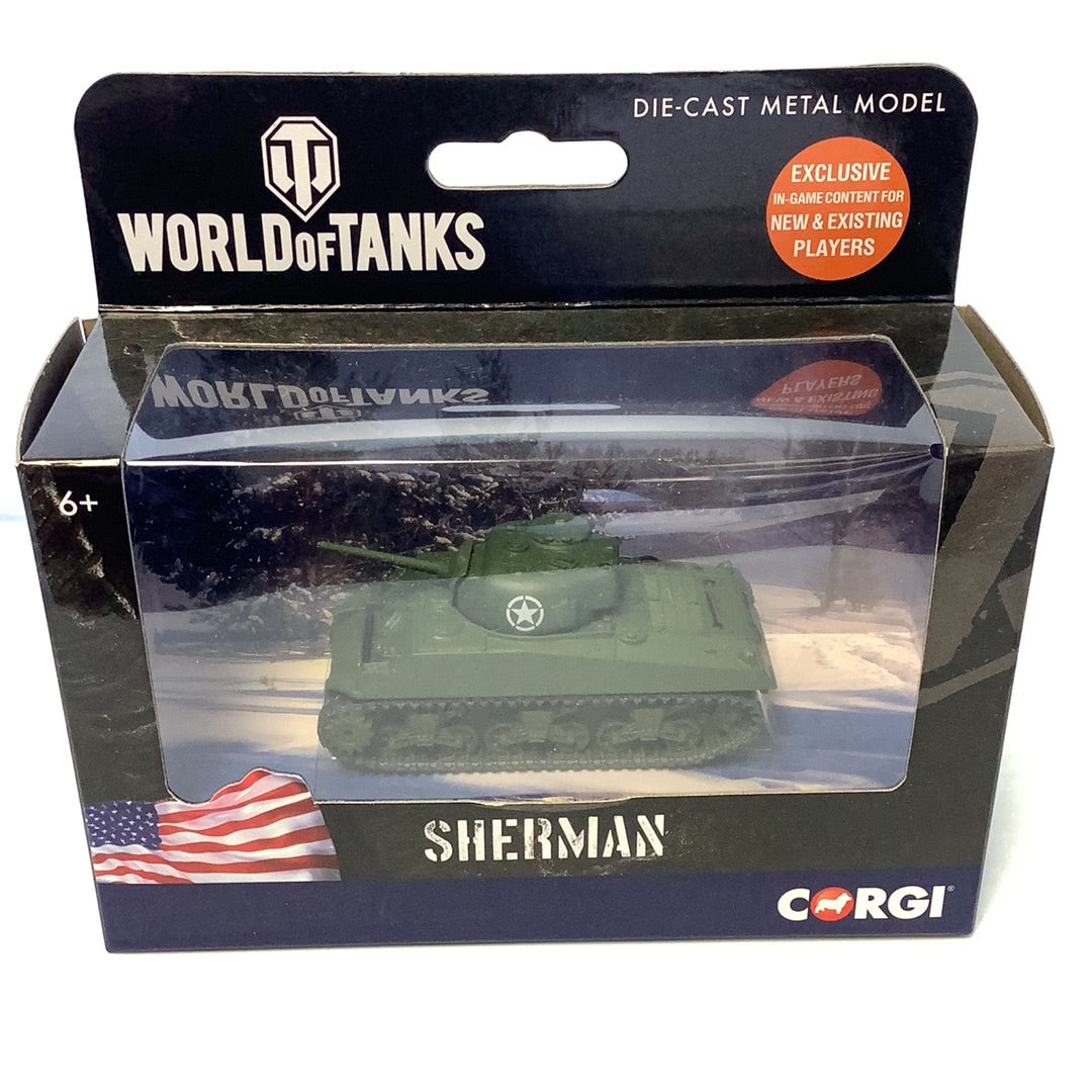 Green die-cast model of a Sherman tank on a box with U.S. flag for Corgi WT91202