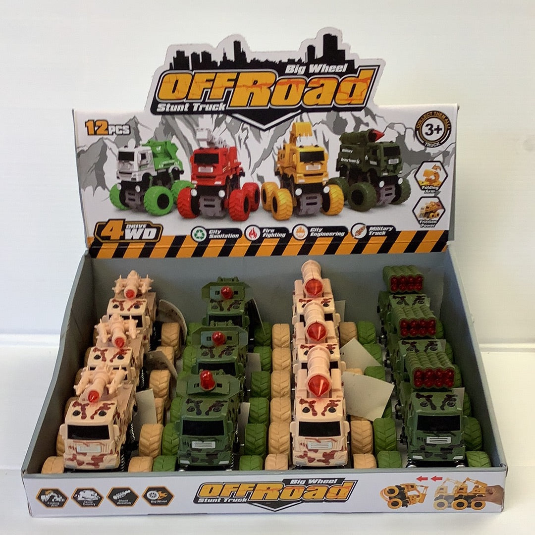 Assortment of 12 military-themed 4WD off-road stunt trucks for play for BVP 88638