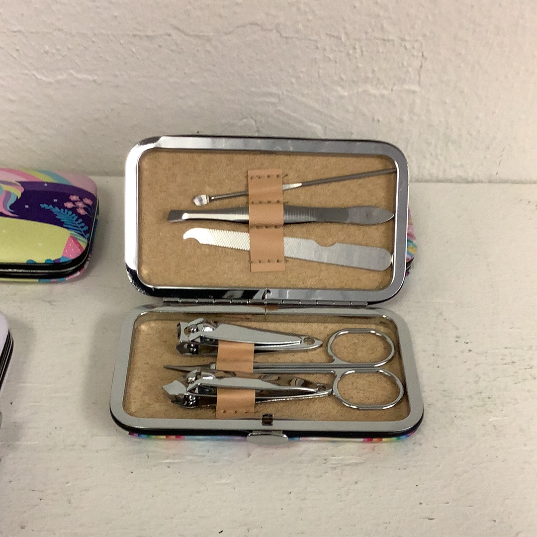 Manicure tools in an open unicorn-themed case for IMEX-Toys 88097GL