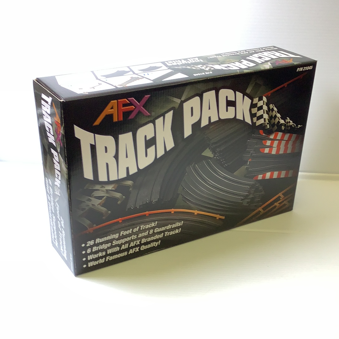 Box set for race track accessories, featuring track pieces and supports for AFX/Racemaster 21045