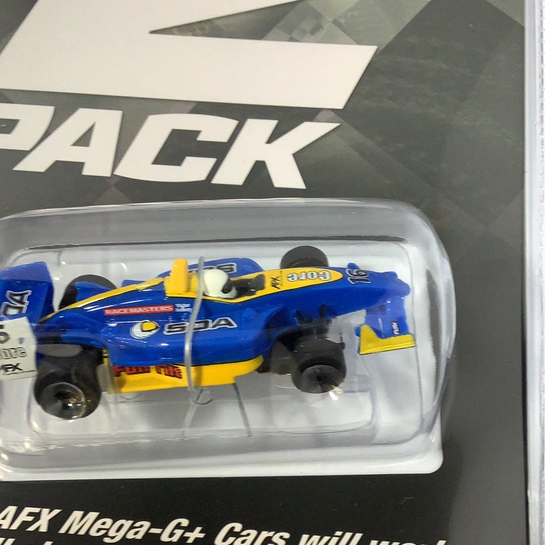 Blue and yellow remote-control race car in clear plastic packaging for AFX/Racemasters 22017