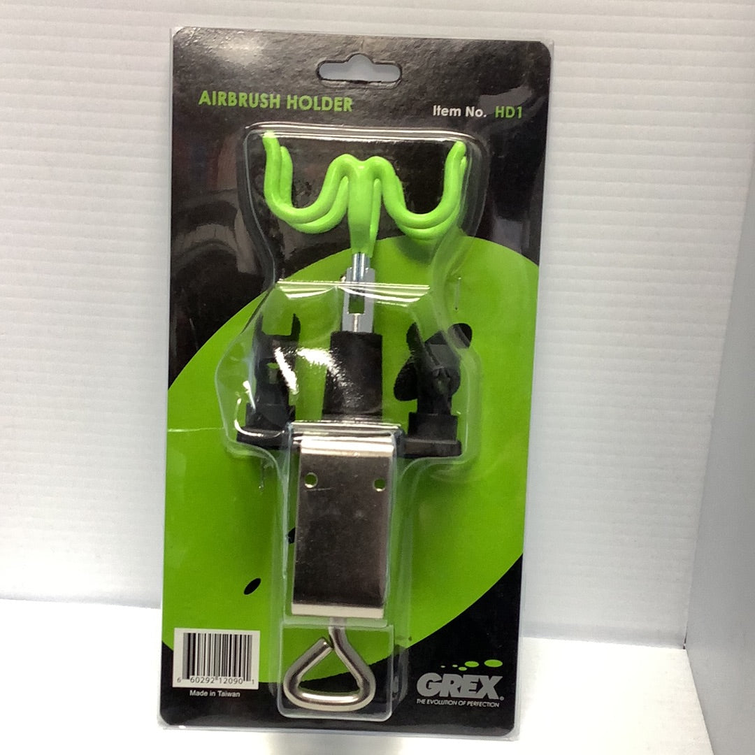 Airbrush holder with green coiled cord, packaged for sale for Grex HD1