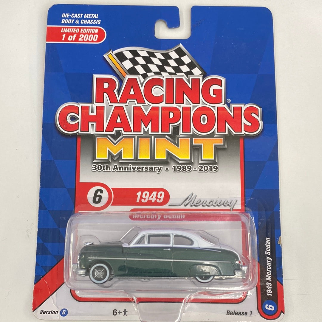 Green 1949 Mercury sedan die-cast model in blister packaging for Racing Champions Die Cast RC010