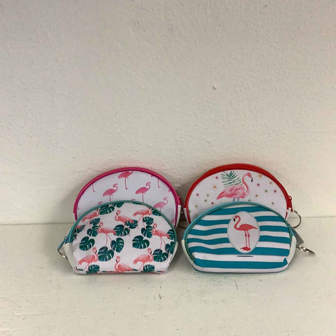 Three small, colorful purse keychains featuring flamingos and tropical prints for IMEX-Toys 87576GL
