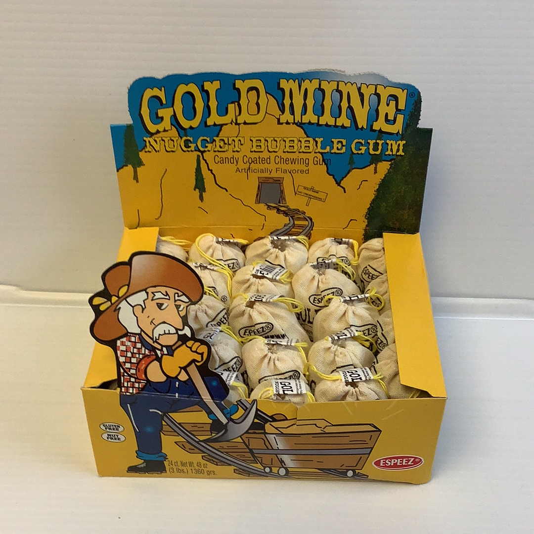 Box of gold mine bubble gum nuggets with cartoon miner character for Nassau Candy 3059