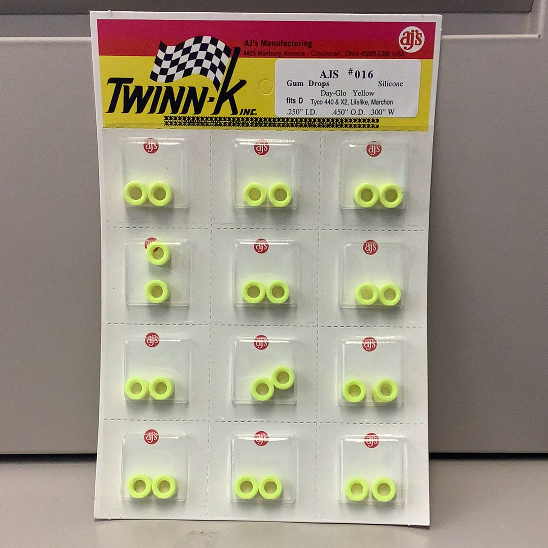 Yellow silicone tire drops in a blister pack, size 250" I.D for Gum Drops Silicone Day-Glo Yellow Tires 016