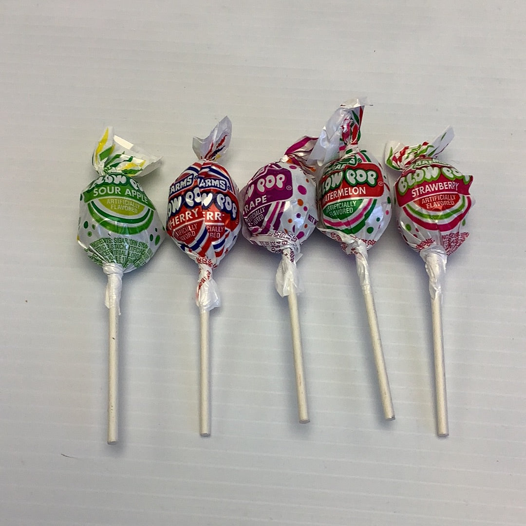 Four colorful, wrapped candy pops on sticks: sour apple, cherry, watermelon, and strawberry flavors for Charms 3800