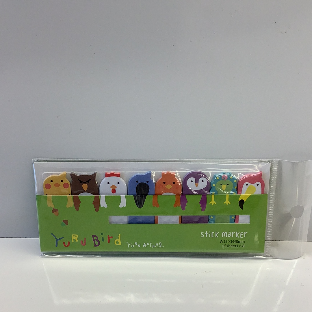 Colorful bird-shaped sticky notes in a clear plastic dispenser for BC USA 365896, rear view