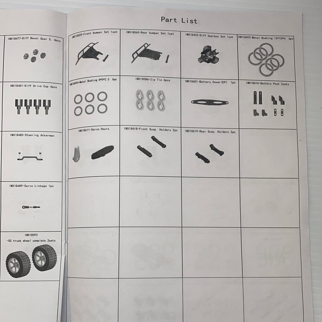 Samurai parts list showing various model components for identification for IMX18468, parts view